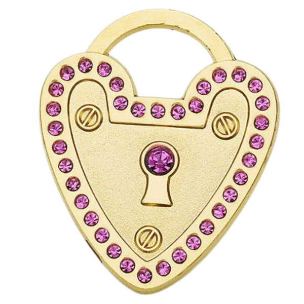 Hamish McBeth Padlock Heart Pet ID Tag with brilliant Czech crystals. Custom designed, durable, heavy duty metal with protective coating. Free engraving with a polished mirror finish and a split ring included. Available in gold or silver. Size: 3.5 x 3cm
