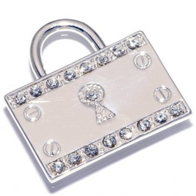 Hamish McBeth padlock pet ID tag with brilliant Czech crystals. Custom designed, durable, rustproof, heavy duty metal with protective coating. Free engraving with polished mirror finish and split ring included. Available in gold or silver. Size: 3 x 2.5cm
