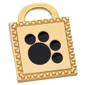 Hamish McBeth paw pet ID tag with black enamel paw detail. Custom designed, durable, rustproof, heavy duty metal with a protective coating. Free engraving with a polished mirror finish and split ring included. Available in gold or silver. Size: 2.5 x 2.5cm