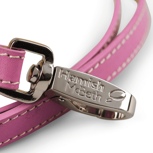 Hamish McBeth pink slim dog lead with beige handle and matching stitching. Vegetable-dyed luxury top grain leather with super soft texture. Perfect match with Pink Bones collar.