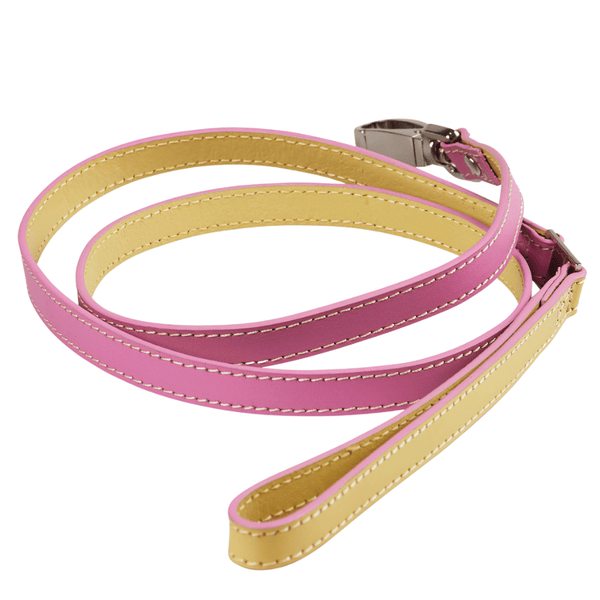 Hamish McBeth pink slim dog lead with beige handle and matching stitching. Vegetable-dyed luxury top grain leather with super soft texture. Perfect match with Pink Bones collar.