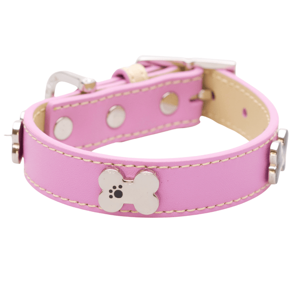 Hamish McBeth classic Pink bling dog collar with bones studs. Made from high quality super soft top grain real leather, this pink bling dog collar has contrasting cream leather detail and stitching.  The Bone studs are decorated with enamel paw design and protected with clear lacquer for extra protection.