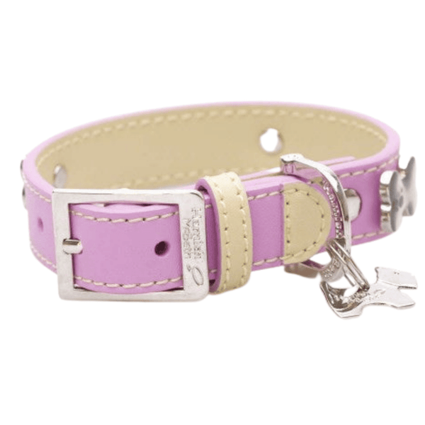 Hamish McBeth classic pink bling dog collar with bone studs. Made of high quality super soft top grain real leather with contrasting beige leather detail and stitching. The bone studs are decorated with enamel paw design and protected with a clear lacquer. Matching slim lead available.