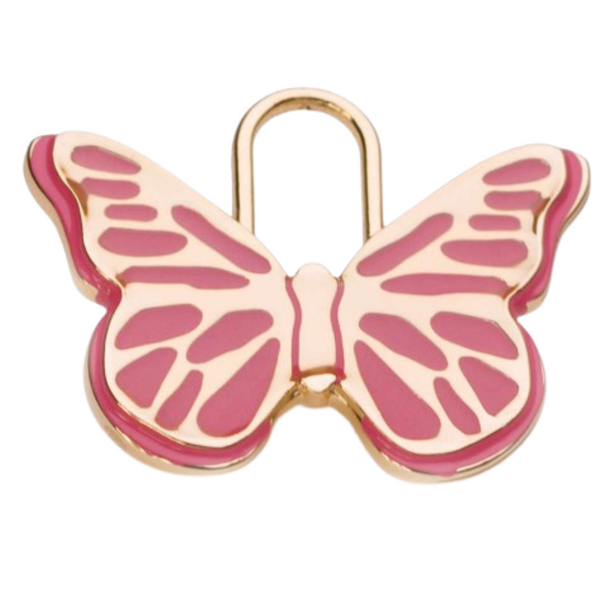 Hamish McBeth pink butterfly pet ID tag. Custom designed, durable, rustproof, heavy duty metal with protective coating. Free engraving with a polished mirror finish and split ring included. Available in gold or silver. Size: 3.5 x 2.5cm