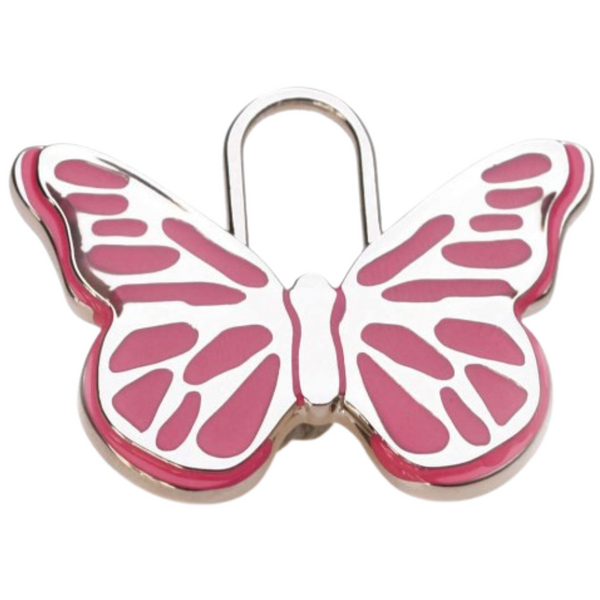 Hamish McBeth pink butterfly pet ID tag. Custom designed, durable, rustproof, heavy duty metal with protective coating. Free engraving with a polished mirror finish and split ring included. Available in gold or silver. Size: 3.5 x 2.5cm