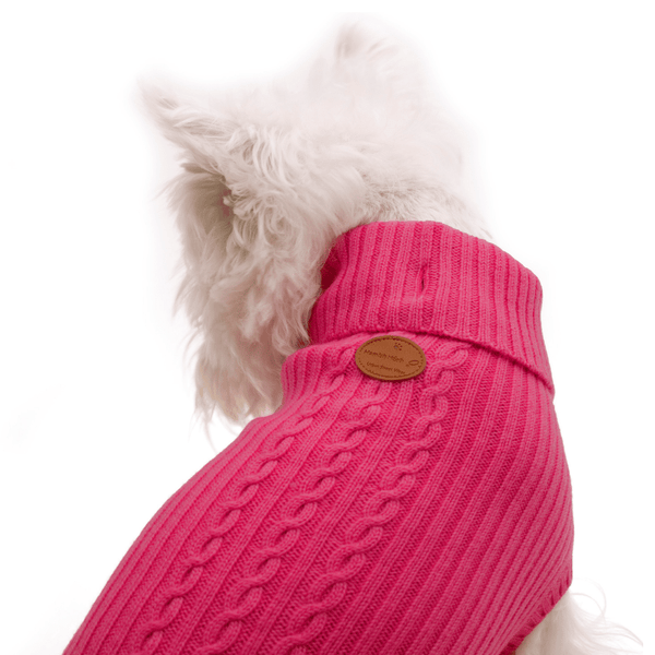 Hamish McBeth 100% Mongolian pure wool dog jumper in pink is hand loomed with a roll neck cable knit design that makes this knitted dog jumper warm and comfortable. Available in 6 sizes