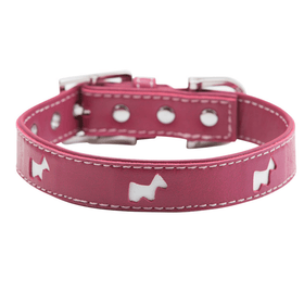 Hamish McBeth designer leather dog collar with terrier cut-outs highlighting white leather comes in pink with contrasting white stitching. Matching lead available.