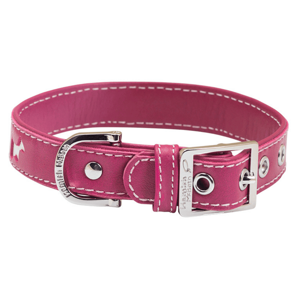 Hamish McBeth designer leather dog collar with terrier cut-outs highlighting white leather comes in pink with contrasting white stitching. Matching lead available.