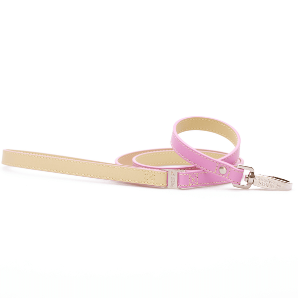 Hamish McBeth pink and beige leather lead made from luxury top grain Nappa leather with a smooth buttery texture with quick release strong nickle branded clasp. Matches with our pink bling collars and leather dog collars.