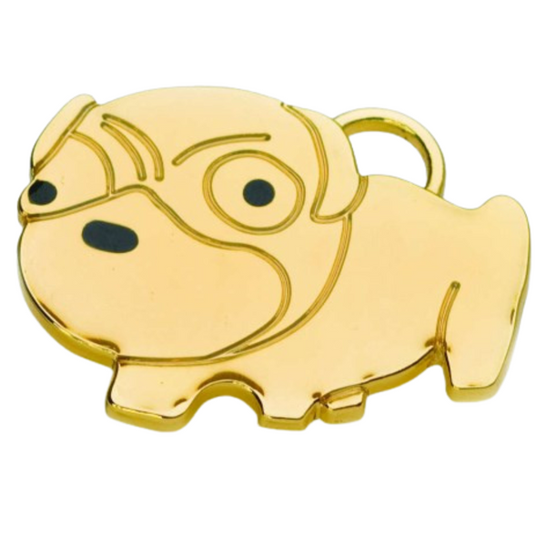 Hamish McBeth pug pet ID tag with black resin highlights on the nose and mouth. Custom designed, durable, rustproof, heavy duty metal with a protective coating. Free laser engraving with a polished mirror finish includes split ring. Available in gold or silver. Size 3.8 x 3cm