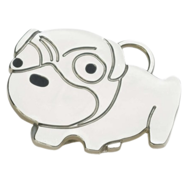 Hamish McBeth pug pet ID tag with black resin highlights on the nose and mouth. Custom designed, durable, rustproof, heavy duty metal with a protective coating. Free laser engraving with a polished mirror finish includes split ring. Available in gold or silver. Size 3.8 x 3cm