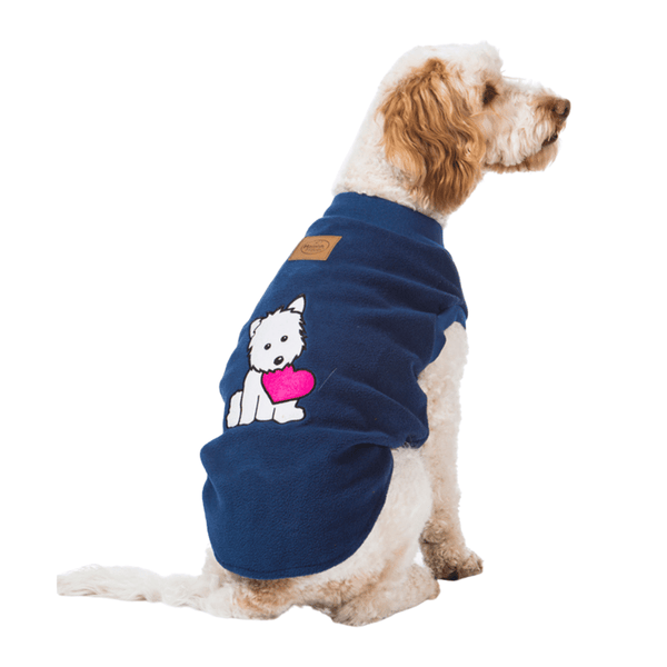 Super soft microfleece Hamish McBeth Blue dog Pyjamas with a puppy heart motif are the best dog clothes to keep your pooch snuggly and warm. Sleep with them or walk out in style. Sizing from puppies to big dogs.