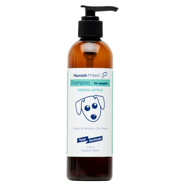 Hamish McBeth all natural Sensitive skin and puppy dog shampoo with crisp green apple plant extract that is low in irritation. For both puppies and kittens. This concentrated formula brightens whites and highlights natural coat colours while throughly cleaning and deodorising the skin and coat. 250mL