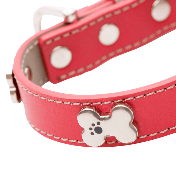 Hamish McBeth classic red bling dog collar with bone studs. Made of high quality super soft top grain real leather with contrasting beige leather detail and stitching. The bone studs are decorated with enamel paw design and protected with a clear lacquer. Matching slim lead available.
