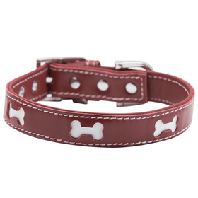 Hamish McBeth red designer leather dog collar with bone shaped cutouts highlighting white leather. This great design is perfect for the stylish dog with super soft Nappa leather. Matching lead available.
