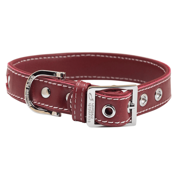 Hamish McBeth red designer leather dog collar with bone shaped cutouts highlighting white leather. This great design is perfect for the stylish dog with super soft Nappa leather. Matching lead available.