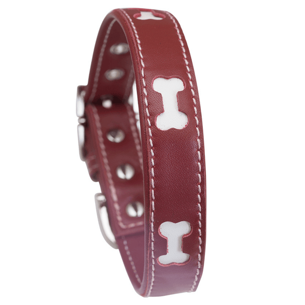 Hamish McBeth red designer leather dog collar with bone shaped cutouts highlighting white leather. This great design is perfect for the stylish dog with super soft Nappa leather. Matching lead available.