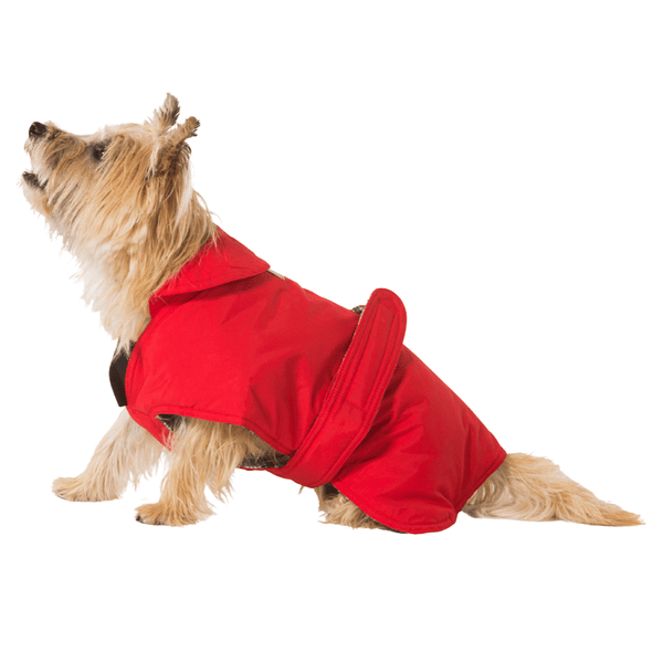 Hamish McBeth red all-weather dog coat is windproof and water-resistant is an outdoor gear essential. The unique design of our dog coat allows it to wrap around the chest area to cover and provide extra protection. Easy to fit with velcro straps on top. and is fully quilted for extra warmth. Available in 6 sizes for small  to large dogs.