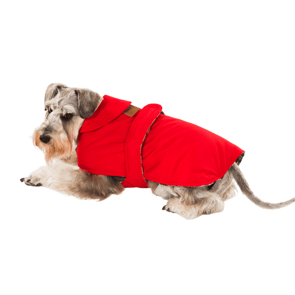 Hamish McBeth red all-weather dog coat is windproof and water-resistant is an outdoor gear essential. The unique design of our dog coat allows it to wrap around the chest area to cover and provide extra protection. Easy to fit with velcro straps on top. and is fully quilted for extra warmth. Available in 6 sizes for small  to large dogs.