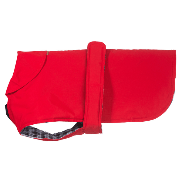 Hamish McBeth red all-weather dog coat is windproof and water-resistant is an outdoor gear essential. The unique design of our dog coat allows it to wrap around the chest area to cover and provide extra protection. Easy to fit with velcro straps on top. and is fully quilted for extra warmth. Available in 6 sizes for small  to large dogs.