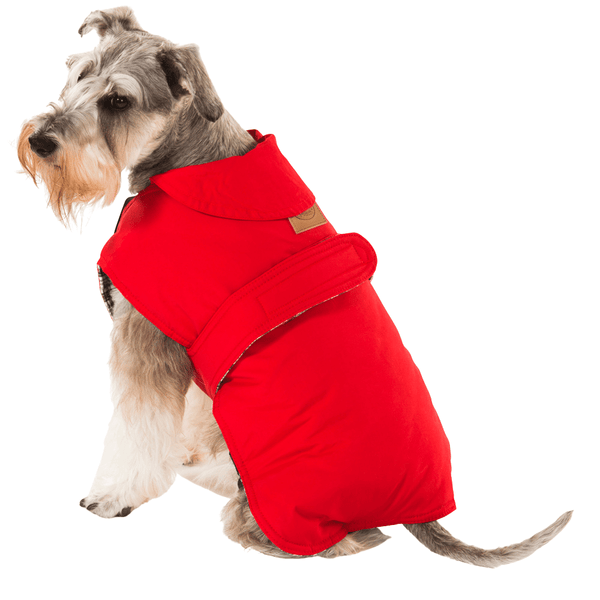 Hamish McBeth red all-weather dog coat is windproof and water-resistant is an outdoor gear essential. The unique design of our dog coat allows it to wrap around the chest area to cover and provide extra protection. Easy to fit with velcro straps on top. and is fully quilted for extra warmth. Available in 6 sizes for small  to large dogs.