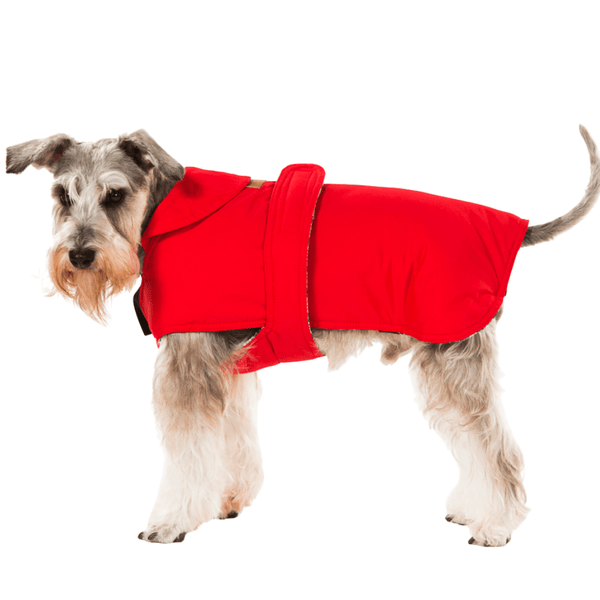 Hamish McBeth red all-weather dog coat is windproof and water-resistant is an outdoor gear essential. The unique design of our dog coat allows it to wrap around the chest area to cover and provide extra protection. Easy to fit with velcro straps on top. and is fully quilted for extra warmth. Available in 6 sizes for small  to large dogs.