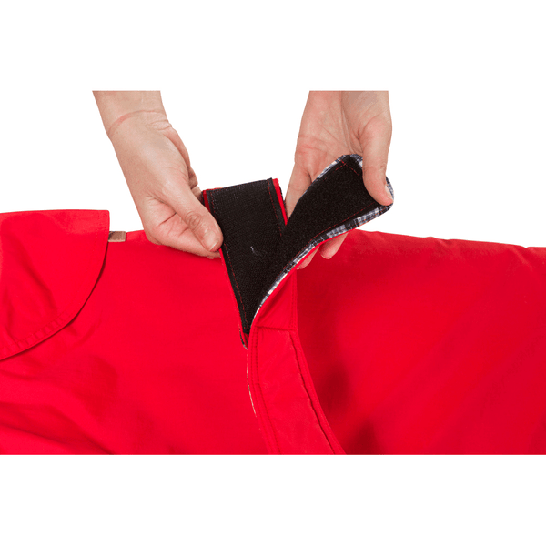 Hamish McBeth red all-weather dog coat is windproof and water-resistant is an outdoor gear essential. The unique design of our dog coat allows it to wrap around the chest area to cover and provide extra protection. Easy to fit with velcro straps on top. and is fully quilted for extra warmth. Available in 6 sizes for small  to large dogs.