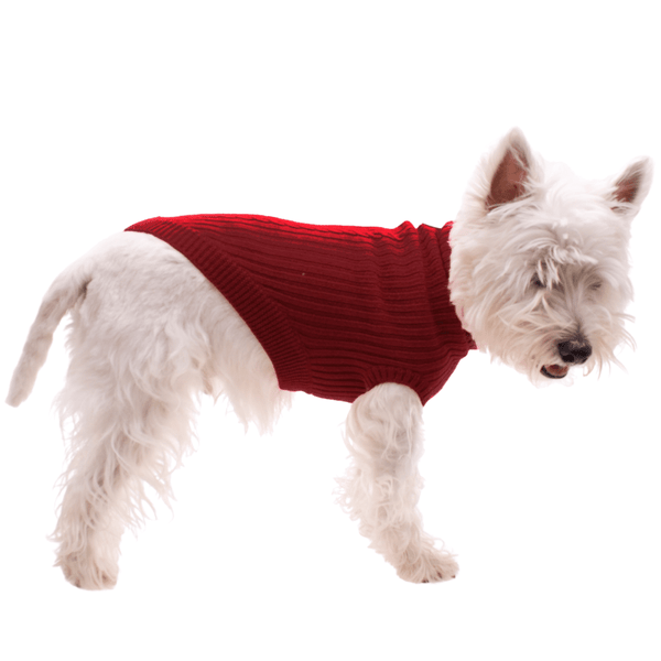 Hamish McBeth 100% Mongolian pure wool dog jumper in red is hand loomed with a roll neck cable knit design that makes this knitted dog jumper warm and comfortable. Available in 6 sizes