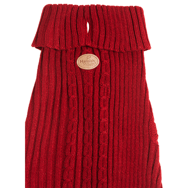 Hamish McBeth 100% Mongolian pure wool dog jumper in red is hand loomed with a roll neck cable knit design that makes this knitted dog jumper warm and comfortable. Available in 6 sizes