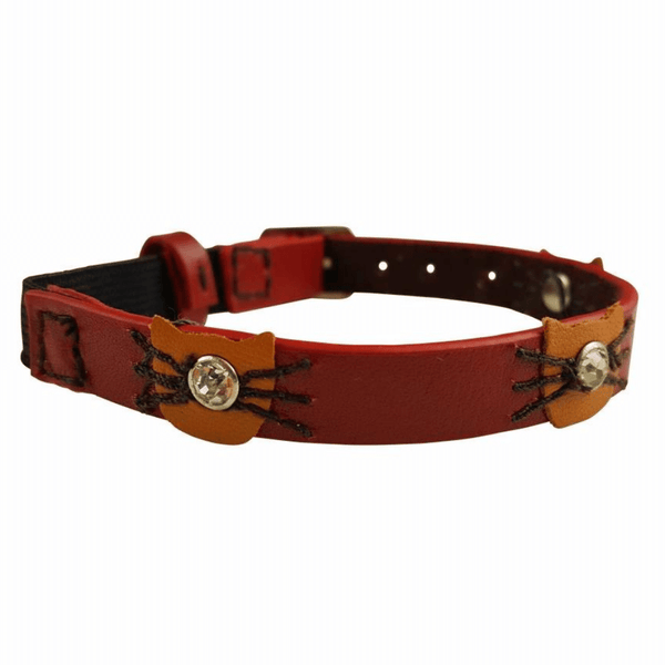 Hamish McBeth exclusive design makes this red leather cat collar great for the playful cat. The fun design has a cat face with diamantes and whiskers plus contrasting colours that make it super comfortable for your feline friend including a unique bell for safety.