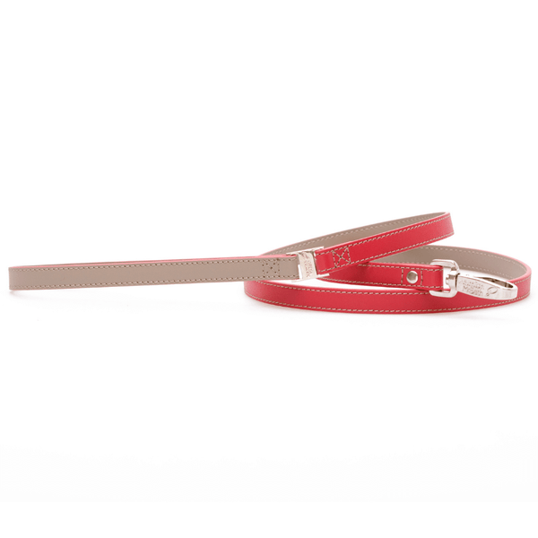 Matching red and grey leather leash made from luxury top grain Nappa leather with a smooth buttery texture with quick release strong nickle branded clasp. Matches with our red bling collars and leather dog collars.