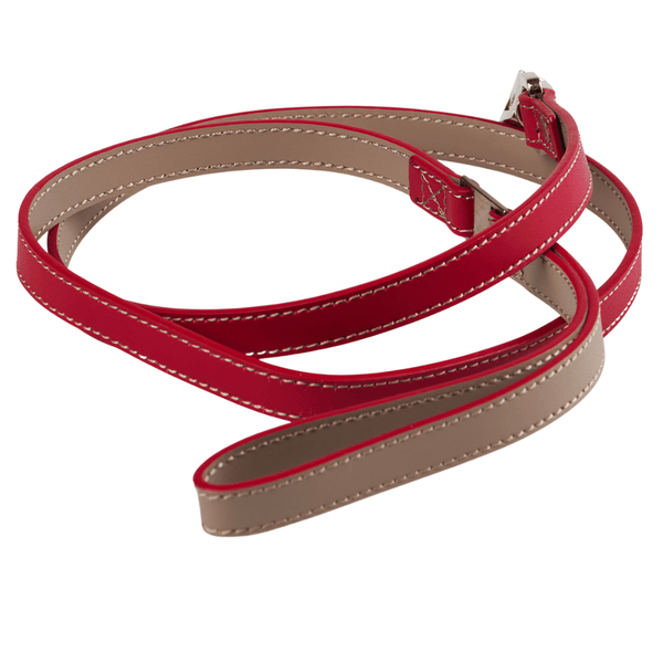 Matching red and grey leather leash made from luxury top grain Nappa leather with a smooth buttery texture with quick release strong nickle branded clasp. Matches with our red bling collars and leather dog collars.