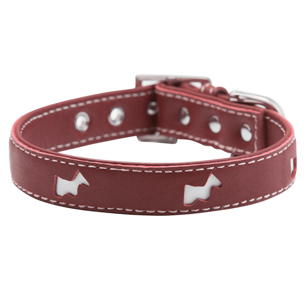 Hamish McBeth designer leather dog collar with terrier cut-outs highlighting white leather comes in red with contrasting white stitching. Matching lead available.