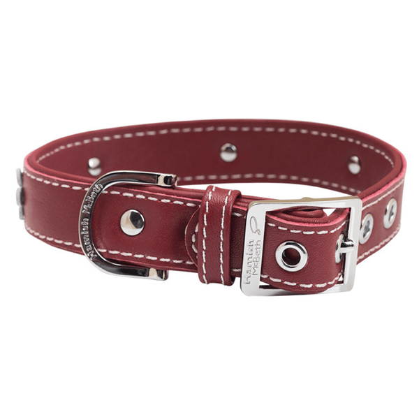 Hamish McBeth designer leather dog collar with terrier cut-outs highlighting white leather comes in red with contrasting white stitching. Matching lead available.