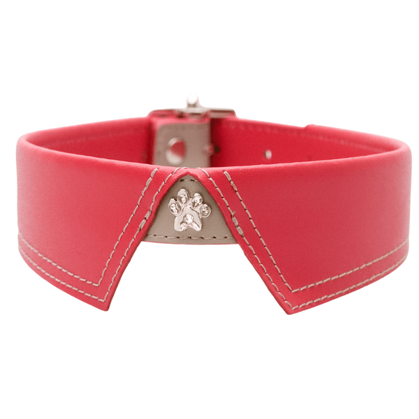 Hamish McBeth stunning dog collar that looks like a shirt collar. With a design that takes the best of London style, this dog collar comes in red with contrasting beige leather detail and stitching plus real Czech crystal paw stud.