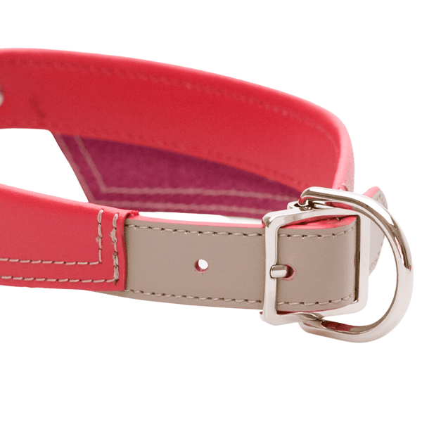 Hamish McBeth stunning dog collar that looks like a shirt collar. With a design that takes the best of London style, this dog collar comes in red with contrasting beige leather detail and stitching plus real Czech crystal paw stud.