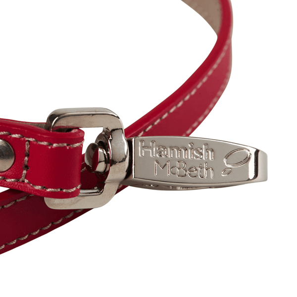 Hamish McBeth red and grey leather lead made from luxury top grain Nappa leather with a smooth buttery texture with quick release strong nickle branded clasp. Matches with our red bling collars and leather dog collars.