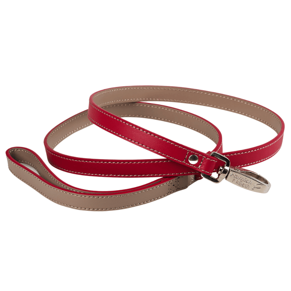 Hamish McBeth matching red and grey leather leash made from luxury top grain Nappa leather with a smooth buttery texture with quick release strong nickle branded clasp. Matches with our red bling collars and leather dog collars.