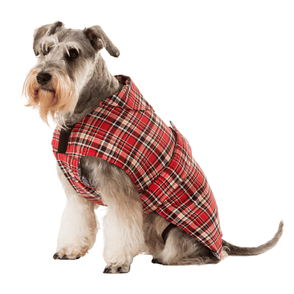 Hamish McBeth classic red tartan all-weather dog coat is windproof and water-resistant is an outdoor gear essential. The unique design of our dog coat allows it to wrap around the chest area to cover and provide extra protection. Easy to fit with velcro straps on top. and is fully quilted for extra warmth. Available in 6 sizes for small  to large dogs.