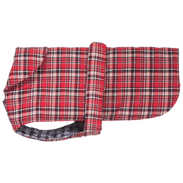 Hamish McBeth classic red tartan all-weather dog coat is windproof and water-resistant is an outdoor gear essential. The unique design of our dog coat allows it to wrap around the chest area to cover and provide extra protection. Easy to fit with velcro straps on top. and is fully quilted for extra warmth. Available in 6 sizes for small  to large dogs.