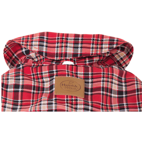 Hamish McBeth classic red tartan all-weather dog coat is windproof and water-resistant is an outdoor gear essential. The unique design of our dog coat allows it to wrap around the chest area to cover and provide extra protection. Easy to fit with velcro straps on top. and is fully quilted for extra warmth. Available in 6 sizes for small  to large dogs.