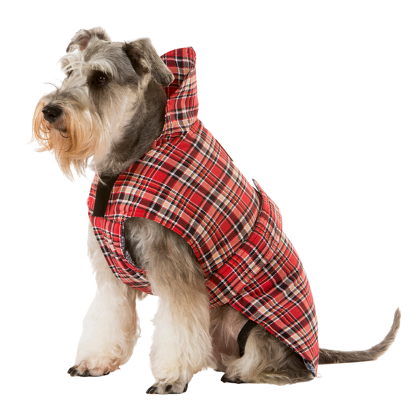 Hamish McBeth classic red tartan all-weather dog coat is windproof and water-resistant is an outdoor gear essential. The unique design of our dog coat allows it to wrap around the chest area to cover and provide extra protection. Easy to fit with velcro straps on top. and is fully quilted for extra warmth. Available in 6 sizes for small  to large dogs.