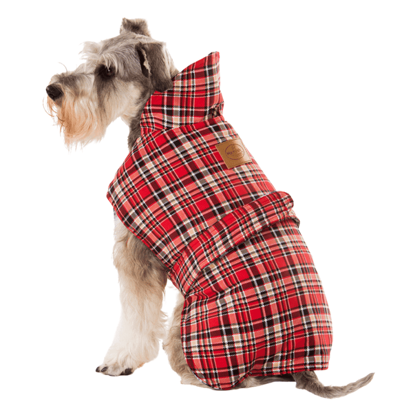 Hamish McBeth classic red tartan all-weather dog coat is windproof and water-resistant is an outdoor gear essential. The unique design of our dog coat allows it to wrap around the chest area to cover and provide extra protection. Easy to fit with velcro straps on top. and is fully quilted for extra warmth. Available in 6 sizes for small  to large dogs.