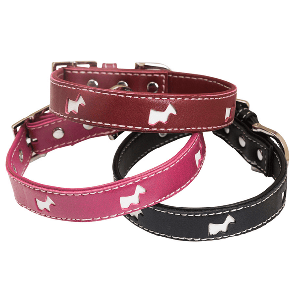 Hamish McBeth designer leather dog collar with terrier cut-outs highlighting white leather comes in black, red, or pink with contrasting white stitching. Matching lead available.