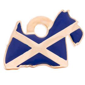 Hamish McBeth Scotty pet ID tag with blue hand enameling. Custom designed, durable, rustproof, heavy duty metal with protective coating. Free laser engraving with a split ring included. Available in gold or silver. Size: 3 x 2.2cm