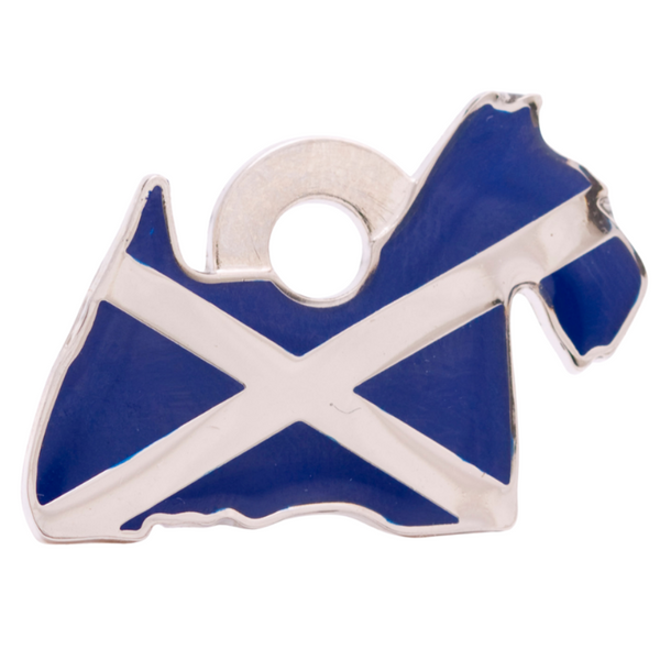 Hamish McBeth Scotty pet ID tag with blue hand enameling. Custom designed, durable, rustproof, heavy duty metal with protective coating. Free laser engraving with a split ring included. Available in gold or silver. Size: 3 x 2.2cm