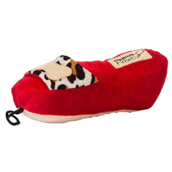 Hamish McBeth Shoe soft dog toy with a squeaker in stylish red and leopard print fabric. Size: 19 cm long.