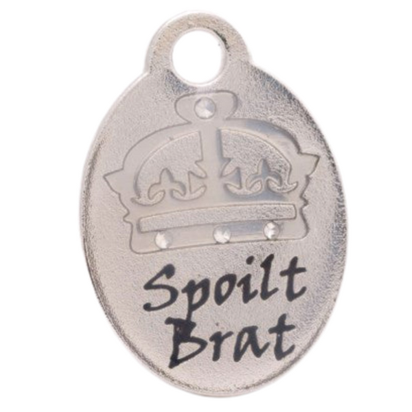 Hamish McBeth pet id tag is hand enameled text and the crown is decorated with 4 Czech crystals. Custom designed, durable, rustproof, heavy duty metal with protective coating. Free laser engraving with a split ring included. Available in gold or silver. Size: 2.2 x 2.7cm