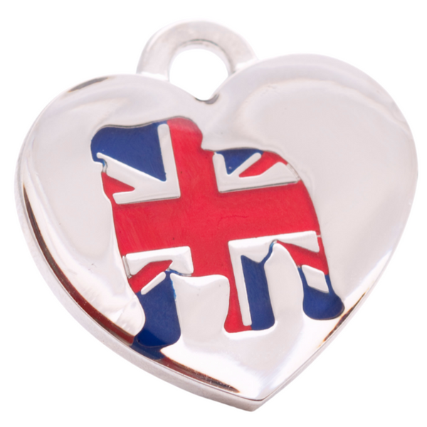 Hamish McBeth Staffy pet ID Tag has a hand enameled face with the heart shaped tag. Custom designed, durable, rustproof, heavy duty metal with a protective coating. Free laser engraving with a split ring included. Available in gold or silver. Size 3 x 2.2.cm