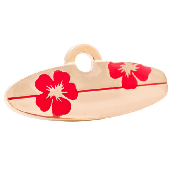 Hamish McBeth surfboard pet ID tag designed with hand painted hibiscus flowers in a cool surfboard design. Custom designed, durable, rustproof, heavy duty metal with a protective coating. Free laser engraving with a polished mirror finish and split ring included. Available in gold or silver. Size 3 x 1.5cm